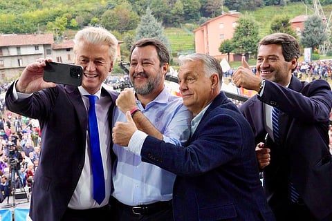 Wilders, Salvini, Orbán e Ventura num comício em Pontida.