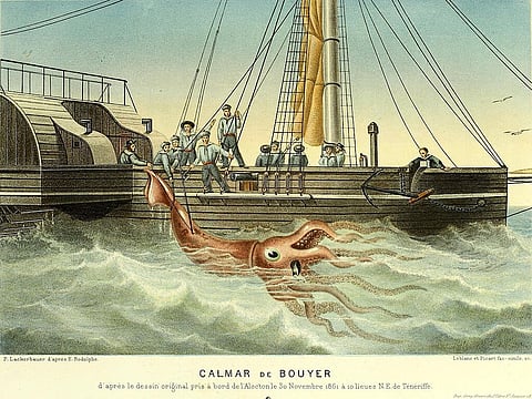 Representação do encontro do navio Alecton com o gigante marinho, da autoria de Pierre Lackerbauer.