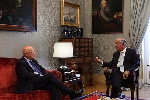 Marcelo Rebelo de Sousa recebe em audiência o presidente cessante do parlamento, Augusto Santos Silva, no Palácio de Belém.