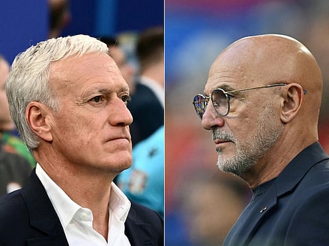 Didier Deschamps e Luís de la Fuente são os selecionadores de França e Espanha, respetivamente.