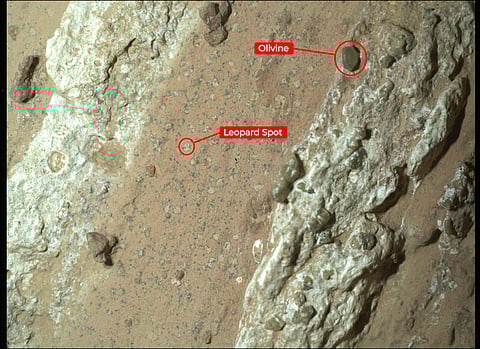 Foto anotada dos vestígios rochosos que intrigam os cientistas.