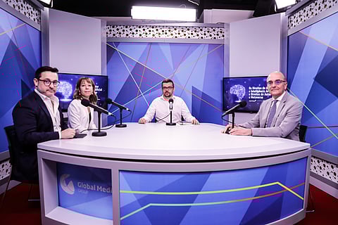 No estúdio, da esquerda para a direita, Carlos Eugénio, Patricia Akester, Bruno Contreiras Mateus e António Branco.  Foto: Mário Vasa/GI