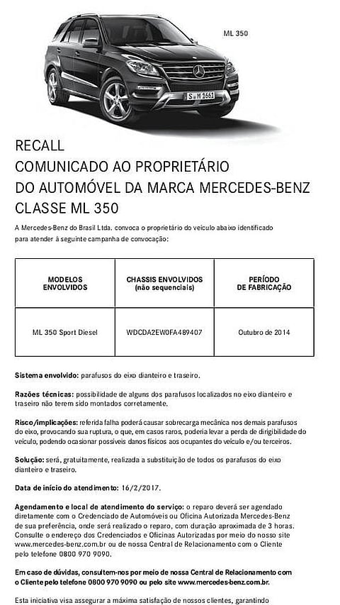 Mercedes-Benz faz ‘recall’ a um único veículo