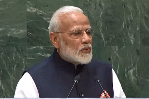 संयुक्त राष्ट्र जनरल असेंबली को संबोधित करते हुए प्रधानमंत्री नरेंद्र मोदी। Photo: PMO twitter 