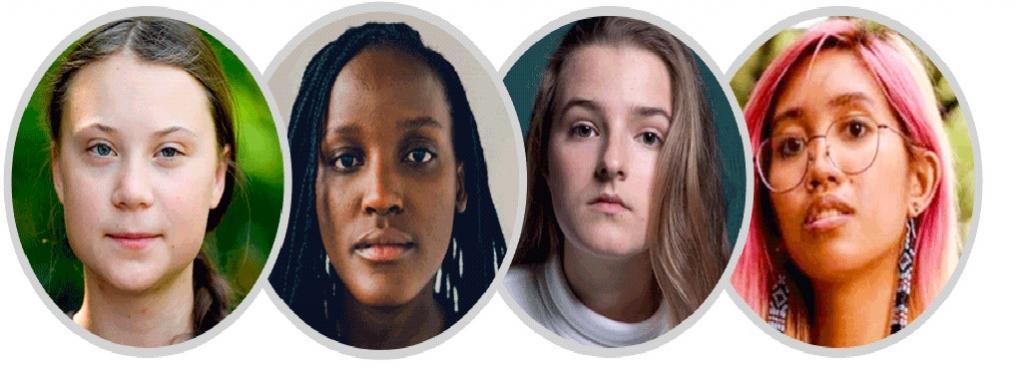 बाएं से: स्वीडन की ग्रेटा थनबर्ग, युगांडा से वैनेसा नाकाटे, पोलैंड से डोमिनिका लासोटा और फिलीपींस से मित्ज़ी जोनेल टैन