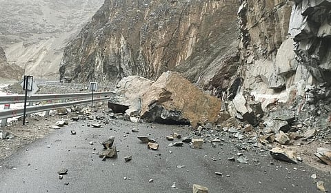 This photo posted by Jamyang Tsering Namgyal, Ladakh MP, on Twitter shows a boulder that fell on Leh-Kargil Road near Lamayuru
