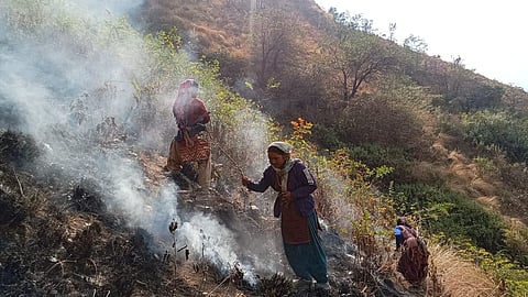 19 जनवरी को चमोली के पीपलकोटी में जंगलों में लगी आग को नौरख गांव की चार महिलाओं ने बुझाया। फोटो साभार: जेपी मैठाणी