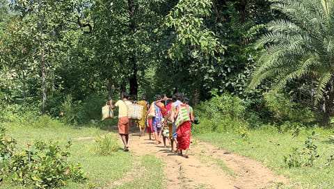 छत्तीसगढ़ के नारायणपुर जिले में स्थित अबूझमाड़ के गेड़ा बेड़ा गांव में प्रधानमंत्री गरीब कल्याण अन्न योजना के तहत आदिवासी अपने-अपने हिस्से का अनाज ले जाते हुए 