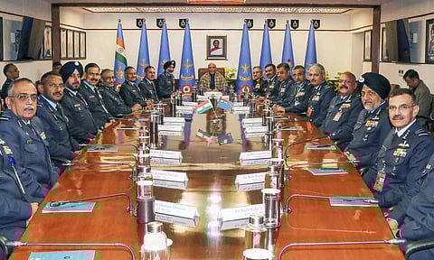 Defence Minister Rajnath Singh, Chief of Defence Staff General Anil Chauhan and Chief of the Air Staff Air Chief Marshal AP Singh during the Air Force Commanders' Conclave, in New Delhi 