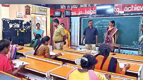 Women appearing for the literacy test in Batlagundu block, Dindigul on Sunday