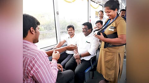 Udhayanidhi Stalin and ministers share a light moment with the
MTC staff inside a low-floor electric bus, launched on Friday