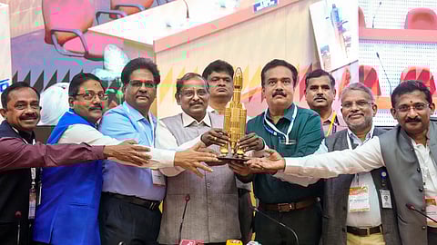 Indian Space Research Organisation (ISRO) Chairman V. Narayanan with other scientists shows a model of the LVM3-M6 during a press conference after the successful launch of BlueBird Block-2 communication satellite from the Satish Dhawan Space Centre, in Sriharikota