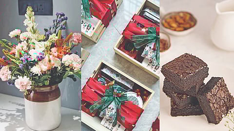 (L-R) A centrepiece curated by Maya Sureshbabu, Hampers and brownies from Madras Dough Knot