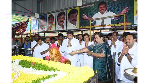 DMDK general secretary Premalatha Vijayakant at DMDK founder Vijayakant memorial
