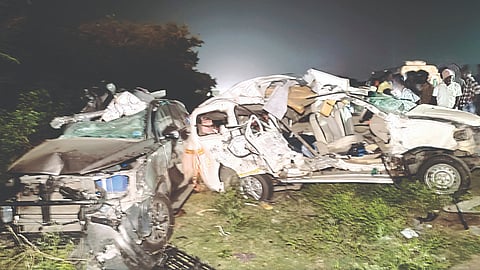 The mangled cars on Chennai-Tiruchy highway