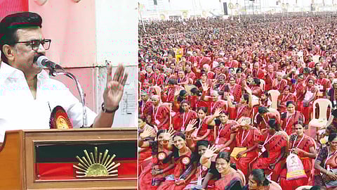 Chief Minister and DMK president MK Stalin addressing the gathering in Palladam on Monday