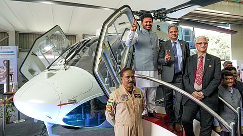 Union Civil Aviation Minister Kinjarapu Ram Mohan Naidu during the inaugural flight ceremony of a Dhruv-NG helicopter, at the Helicopter Division, in Bengaluru.