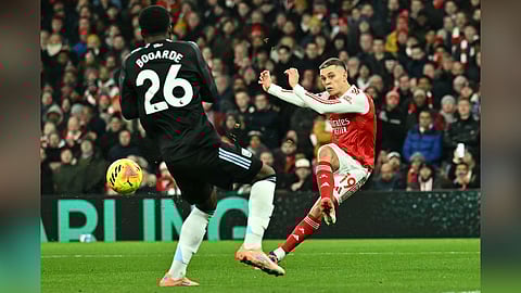 Leandro Trossard fires a shot on goal during the match
