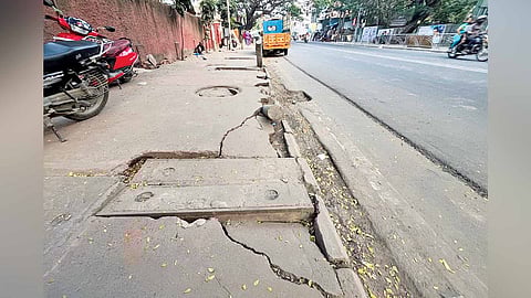The poorly maintained stretch of footpath in Jamalia on Perambur High Road is near the office of Chennai Mayor 