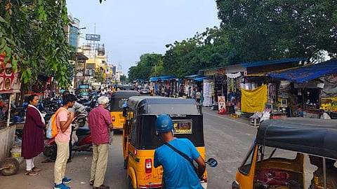 Slew of two-wheelers take over the road opposite the marked vending zone on the North Mada Street in Mylapore