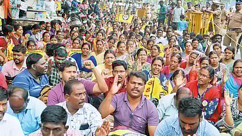 Protesters sitting near the Chennai District Collector’s Office. 