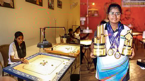Former World Champion M Khazima and World Champion Keerthana with her World Cup medals and trophies.