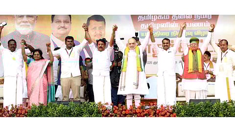 Home Minister and BJP leader Amit Shah with cabinet colleagues, party's state unit leaders at a public meeting in Pudukkottai on Sunday 