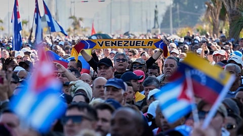 Cubans attends a rally in Havana, Saturday, Jan. 3, 2026, in solidarity with Venezuela after the U.S. captured President Nicolas Maduro and flew him out of Venezuela.
