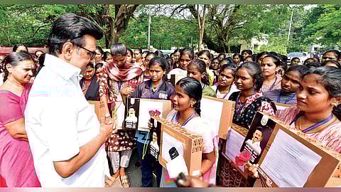Students sharing roses with Chief Minister MK Stalin in Chennai on Tuesday 