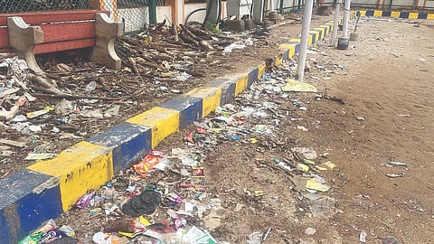 Uncollected garbage and tree waste accumulated on pavement in playground in KK Nagar