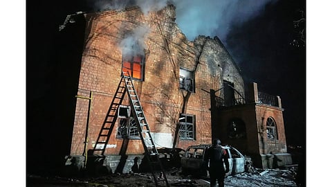 Residential building burns after a Russian strike in Kyiv, Ukraine
