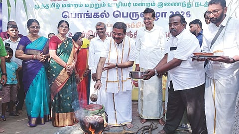 Union Education Minister Dharmendra Pradhan preparing Pongal with the staff, faculty and students of IIT-Madras on Wednesday