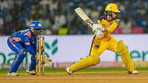 UP Warriorz' Phoebe Litchfield plays a shot during the Women's Premier League (WPL) 2026 T20 cricket match between Mumbai Indians and UP Warriorz, at the DY Patil Stadium, in Navi Mumbai, Thursday, Jan. 15, 2025.