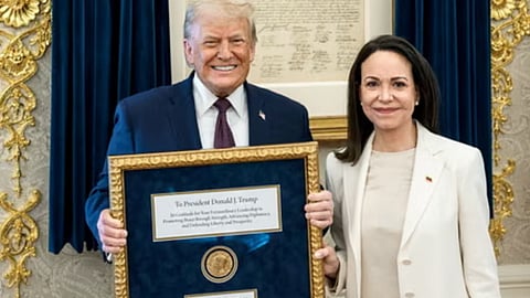 Venezuelan opposition leader María Corina Machado presented her Nobel Peace Prize to US President Donald Trump