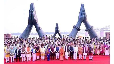 Dignitaries at the Kashi Tamil Sangamam in Varanasi; (inset) Tiruchengode youth Prakash Palanivel