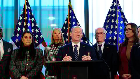 Senator Chris Coons from the Democratic Party speaks during a press conference with the American delegation, consisting of senators and members of the House of Representatives, in Copenhagen, Denmark