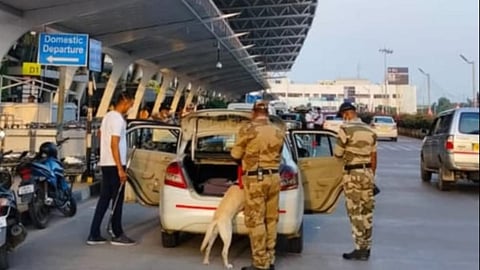Armed police personnel are maintaining a constant vigil, patrolling the airport premises.