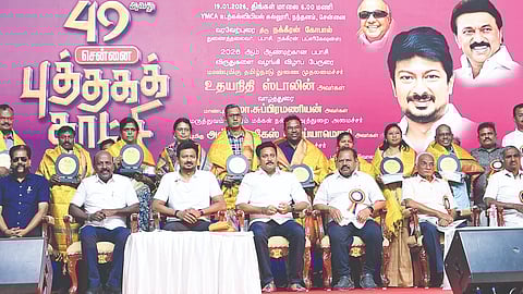 Awardees with Deputy Chief Minister Udhayanidhi Stalin and others at closing event of Chennai Book Fair on YMCA Ground