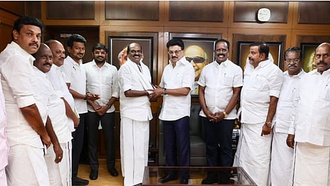  R Vaithilingam joining DMK in the presence of party president MK Stalin at Arivalayam on Wednesday
