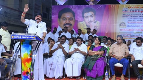 Former Tamil Nadu Minister K. T. Rajenthra Bhalaji, during his speech at Sivakasi on Tuesday. 
