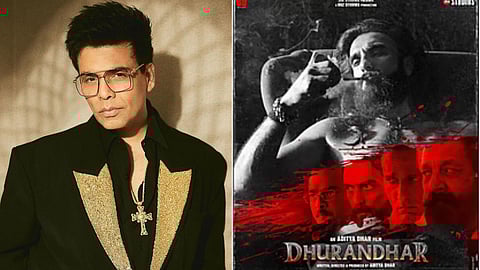 (L) Karan Johar, (R) Poster of the film Dhurandhar