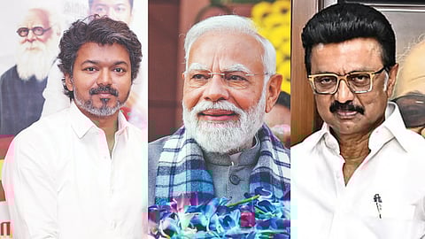 (L-R) TVK Vijay, Narendra Modi, MK Stalin