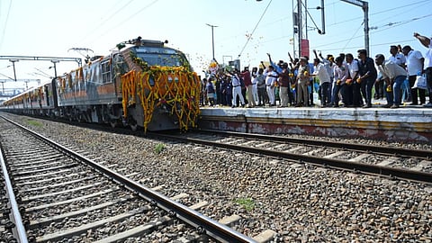 Vibrant welcome at Kovilpatti as Thiruvananthapuram-Tambaram Amrit Bharat Express arrives on Friday.  -