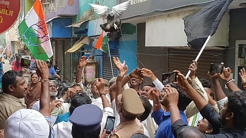 TNCC members releasing pigeons with a black flag at Washemenpet in Chennai on Friday