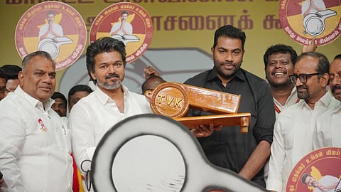 TVK chief actor Vijay launching party’s whistle symbol approved
by the Election Commission in Mahabalipuram on Sunday (January 25).
