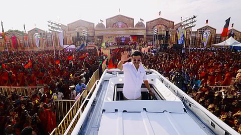 Chief Minister and DMK president MK Stalin waving at supporters at Women's Wing conference in Thanjavur on Monday