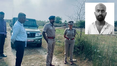 IGP V Balakrishnan and SP GS Anitha inspecting the spot where history-sheeter Alaguraja (inset) was shot at in Perambalur on Tuesday