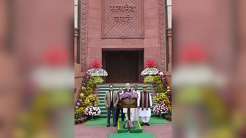 Prime Minister Narendra Modi addresses the media during the Budget session of Parliament, in New Delhi on January 29, Union Minister for Parliamentary Affairs Kiren Rijiju and Ministers of State Jitendra Singh, Arjun Ram Meghwal and L. Murugan are also seen.