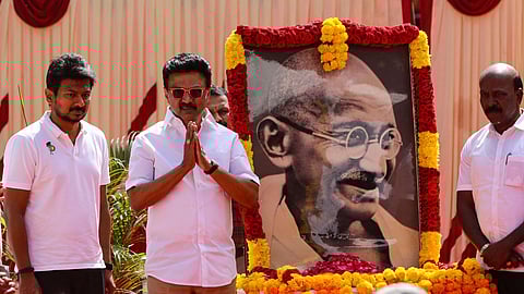 Chief Minister MK Stalin, after paying floral tributes to Mahatma Gandhi's portrait at the Government Museum in Egmore on Friday