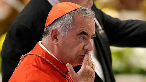 Cardinal Angelo Becciu attends the consistory inside St Peter’s Basilica at the Vatican.